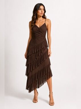 BCBGMAXAZRIA Chocolate Brown Asymmetrical Ruffle Chiffon Dress